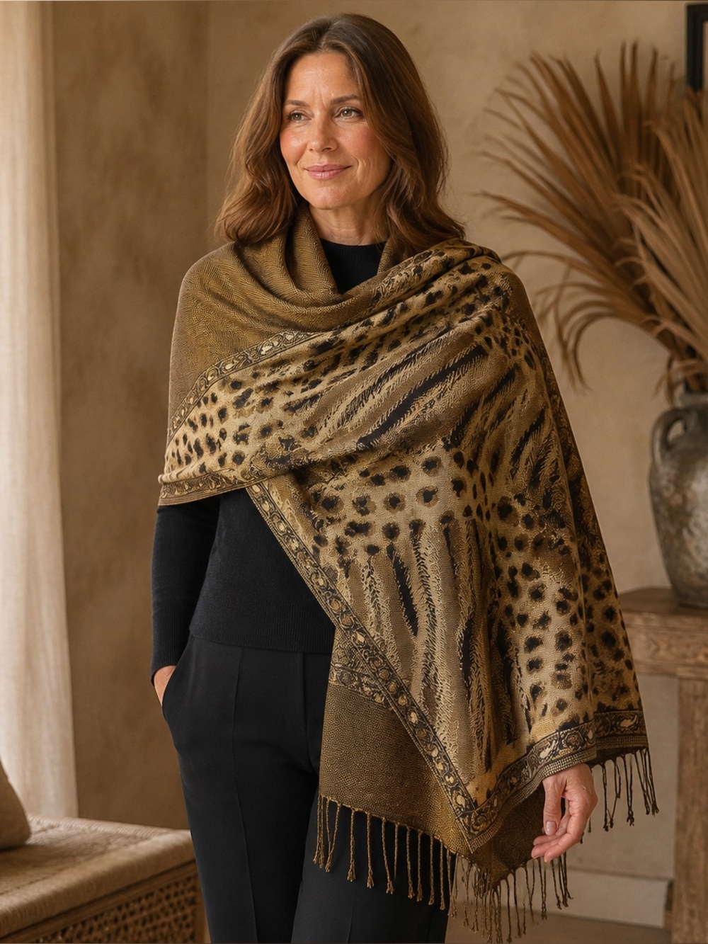 Pashmina Mix Brown Animal Print Reversible Fringe Shawl Wrap Scarf One Size